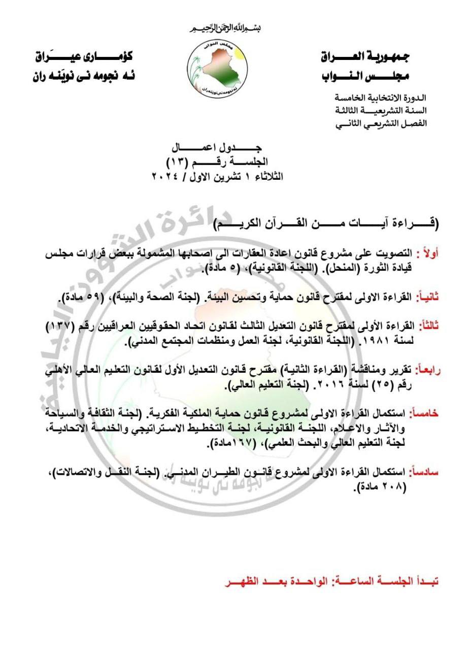 جدول أعمال جلسة البرلمان يوم غد الثلاثاء