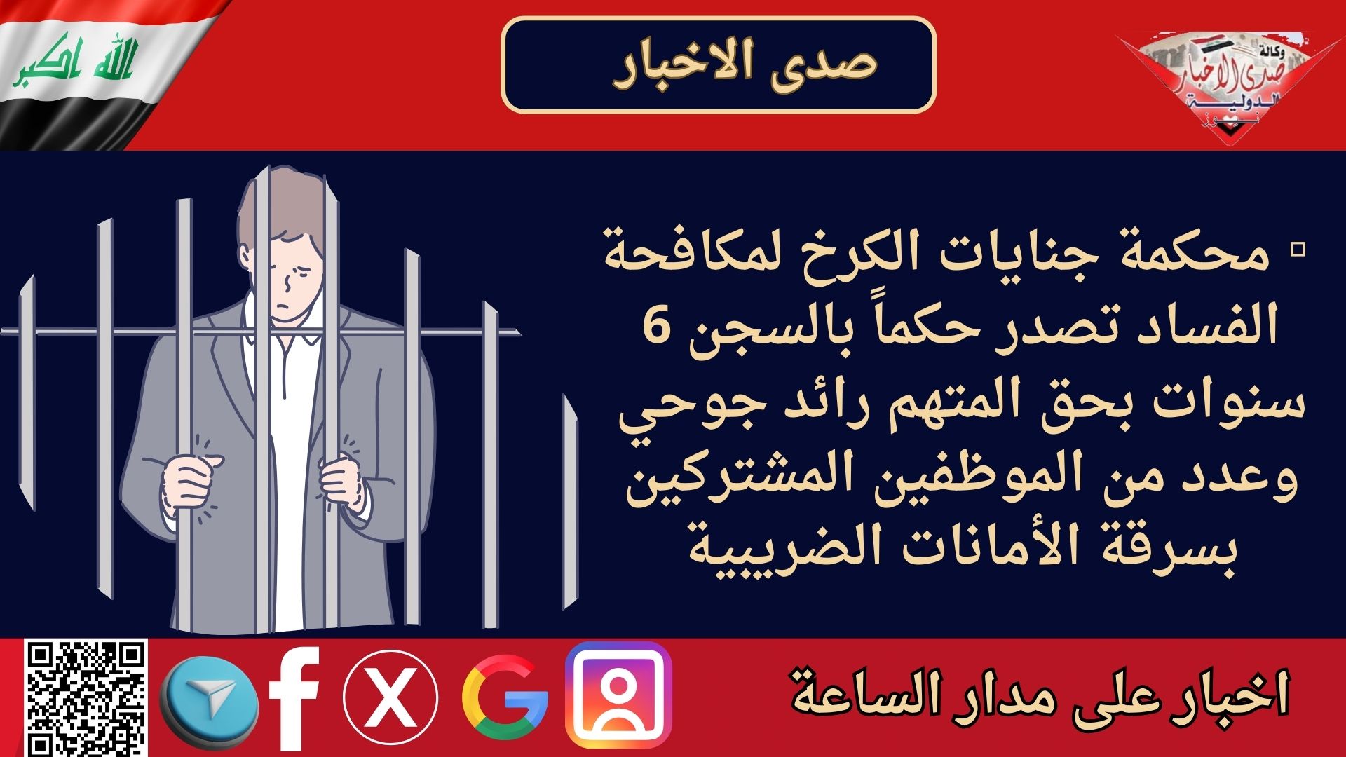 ▫️محكمة جنايات الكرخ لمكافحة الفساد تصدر حكماً بالسجن 6 سنوات بحق المتهم رائد جوحي وعدد من الموظفين المشتركين بسرقة الأمانات الضريبية