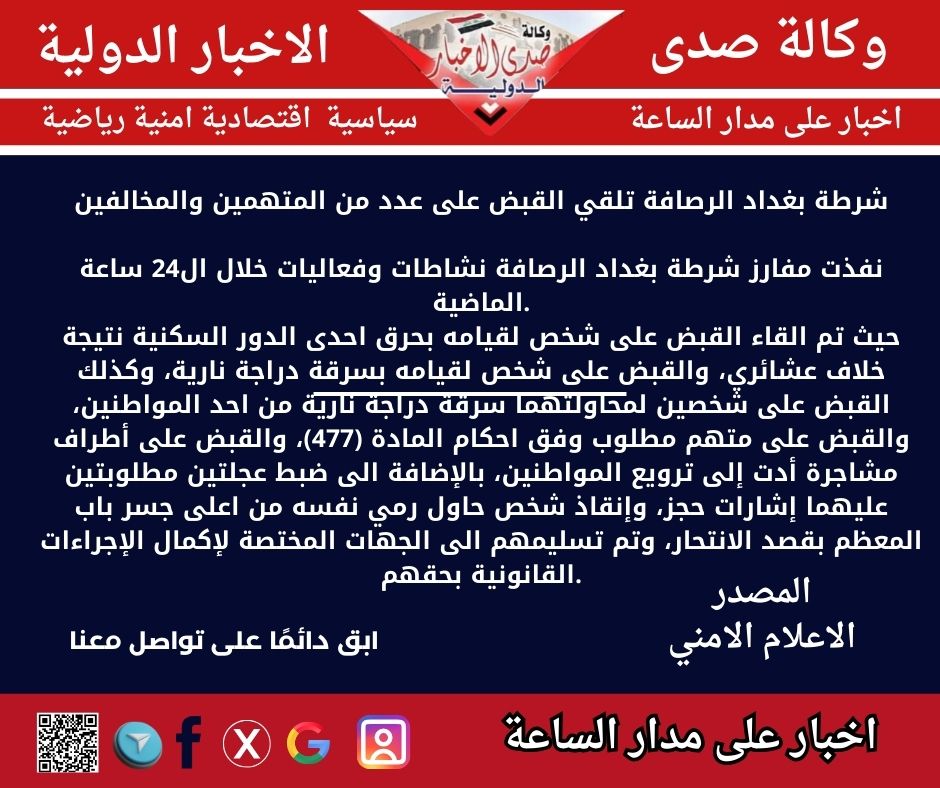 شرطة بغداد الرصافة تلقي القبض على عدد من المتهمين والمخالفين