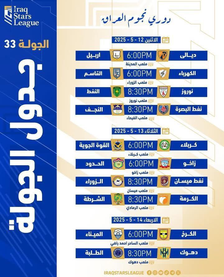 🔴 جدول منافسات الجولة 33 من دوري نجوم العراق والتي تنطلق يوم غد الاثنين