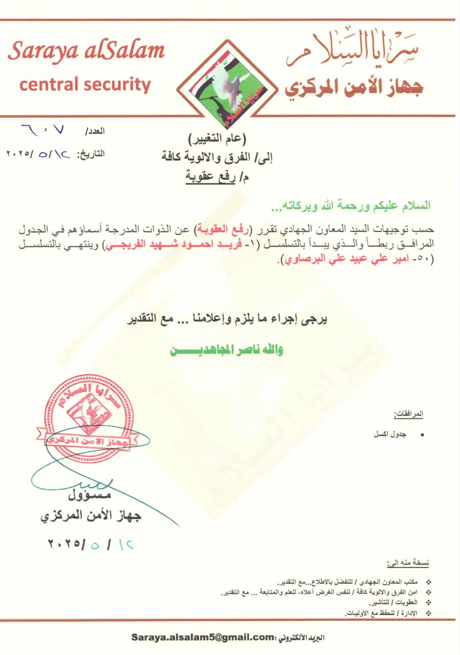 حسب توجيهات المعاون الجهـ.ـ١دي لسماحة السيد القائد (أعزه الله) الحاج أبو مصطفى الحميداوي لجهاز الأمن المركزي، تقرر إلغاء عقوبات الذوات الواردة أسماؤهم أدناه.