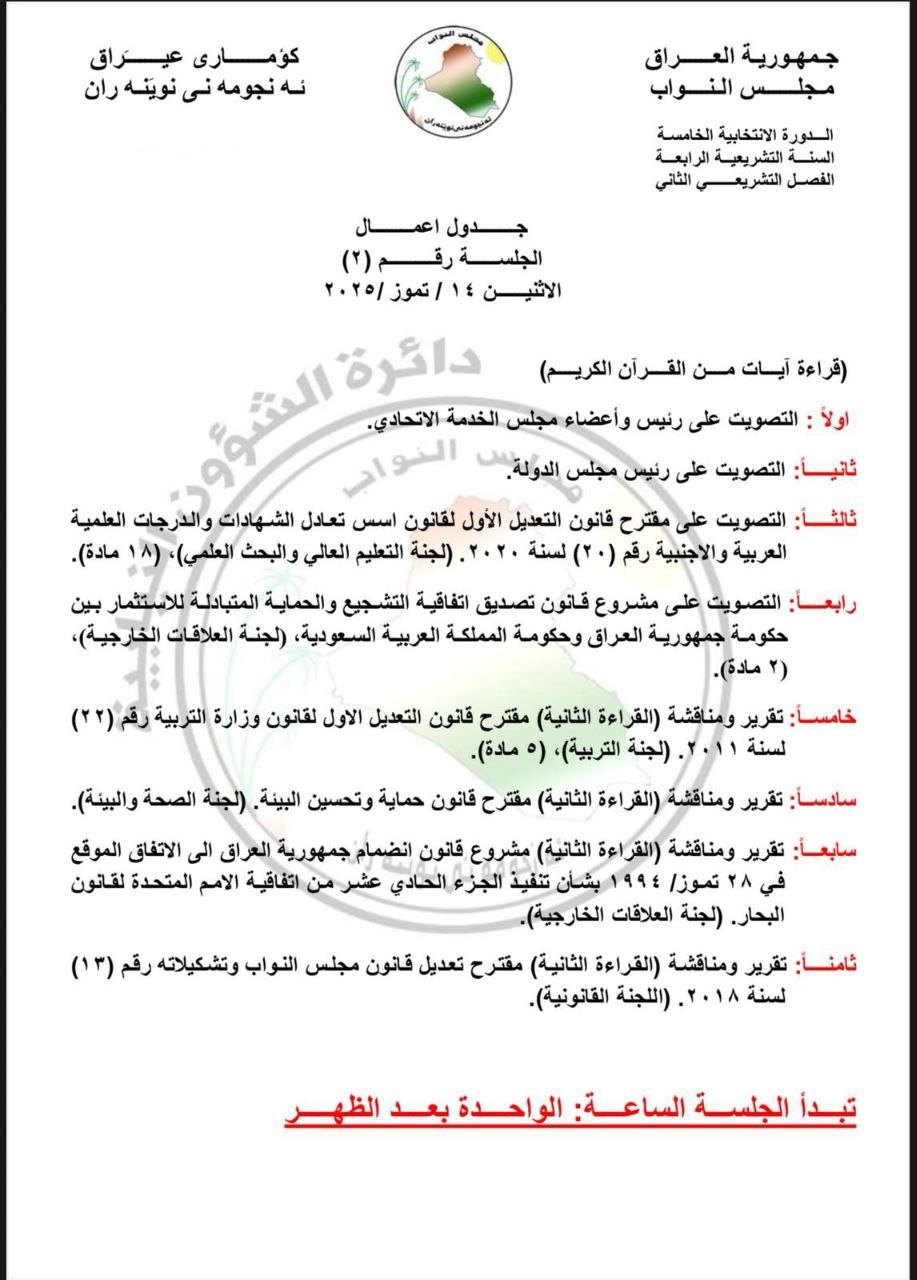جدول أعمال جلسة البرلمان ليوم غد الإثنين