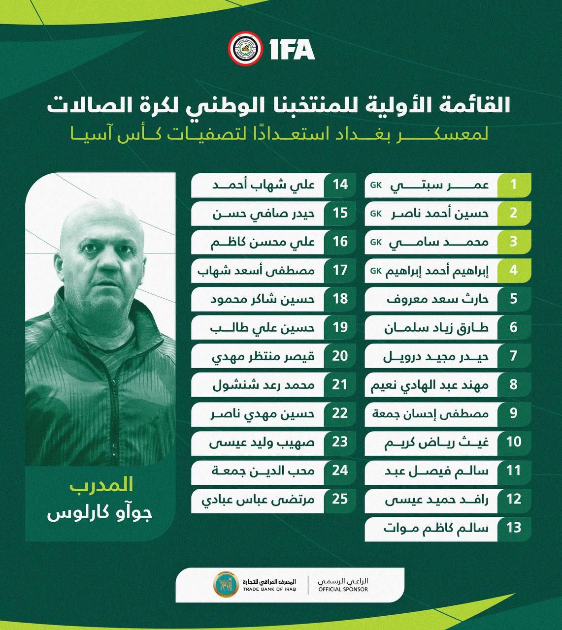 ⚽️ القائمة الأولية للمنتخب الوطني لكرة الصالات لمعسكر بغداد استعدادًا لتصفيات كأس آسيا