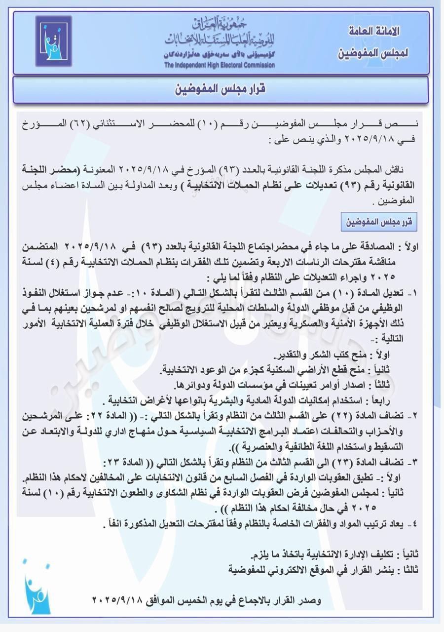 مفوضية الانتخابات تصدر عدة تعديلات على نظام الحملات الانتخابية